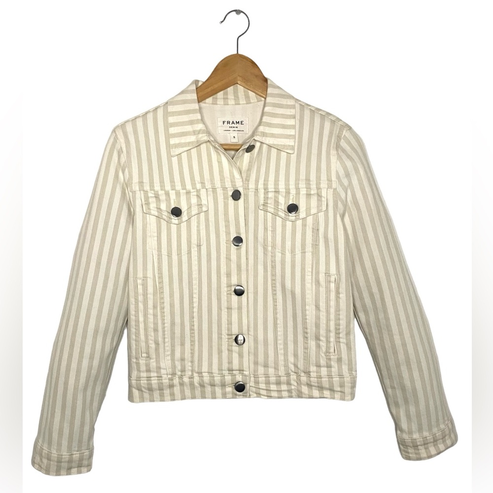 Frame tan beige white striped denim jacket SM-sample only used on for photoshoot